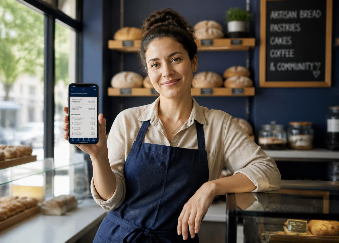 A bakery owner holding a phone with her digital banking dashboard